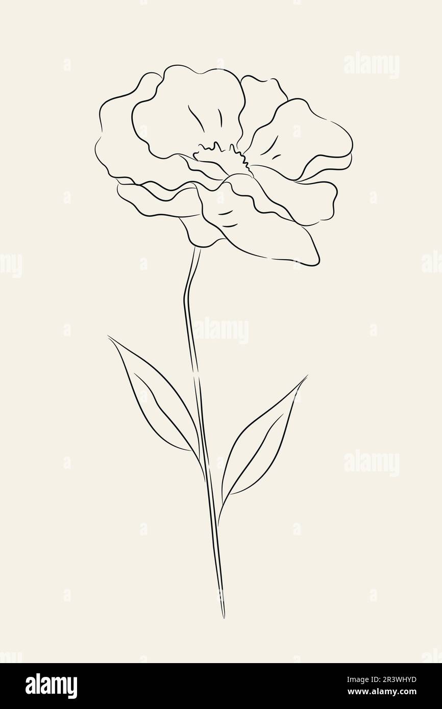 Handgezeichnete Blume. Schwarze Linie handgezeichnetes Blumenelement auf beigefarbenem Hintergrund. Blumenzeichnung mit Linienkontur. Vektordarstellung Stock Vektor