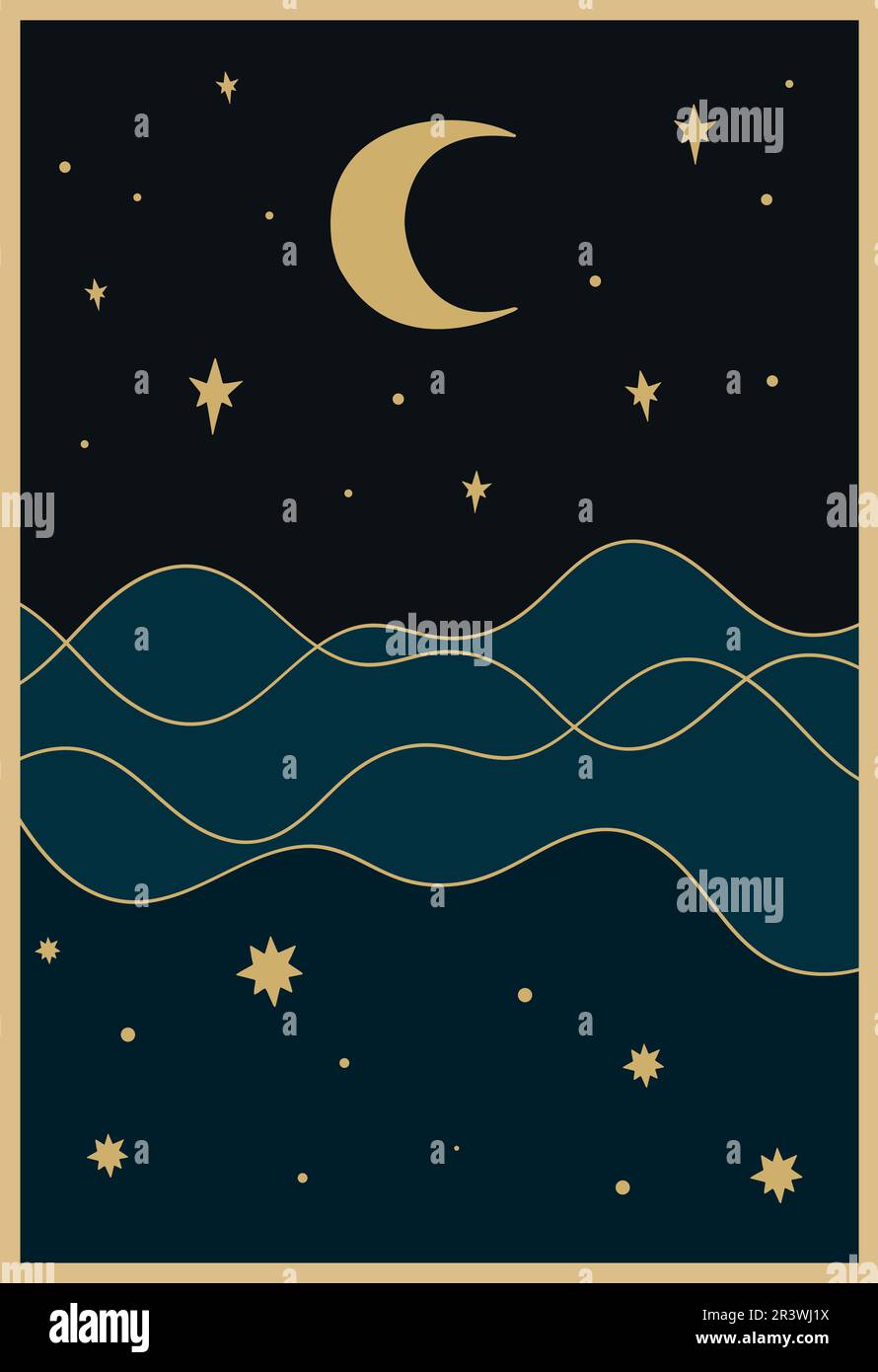 Nachts Meerblick mit Halbmond. Minimalistischer Hintergrund mit Mitternachtshimmel. Vektorkunst Stock Vektor