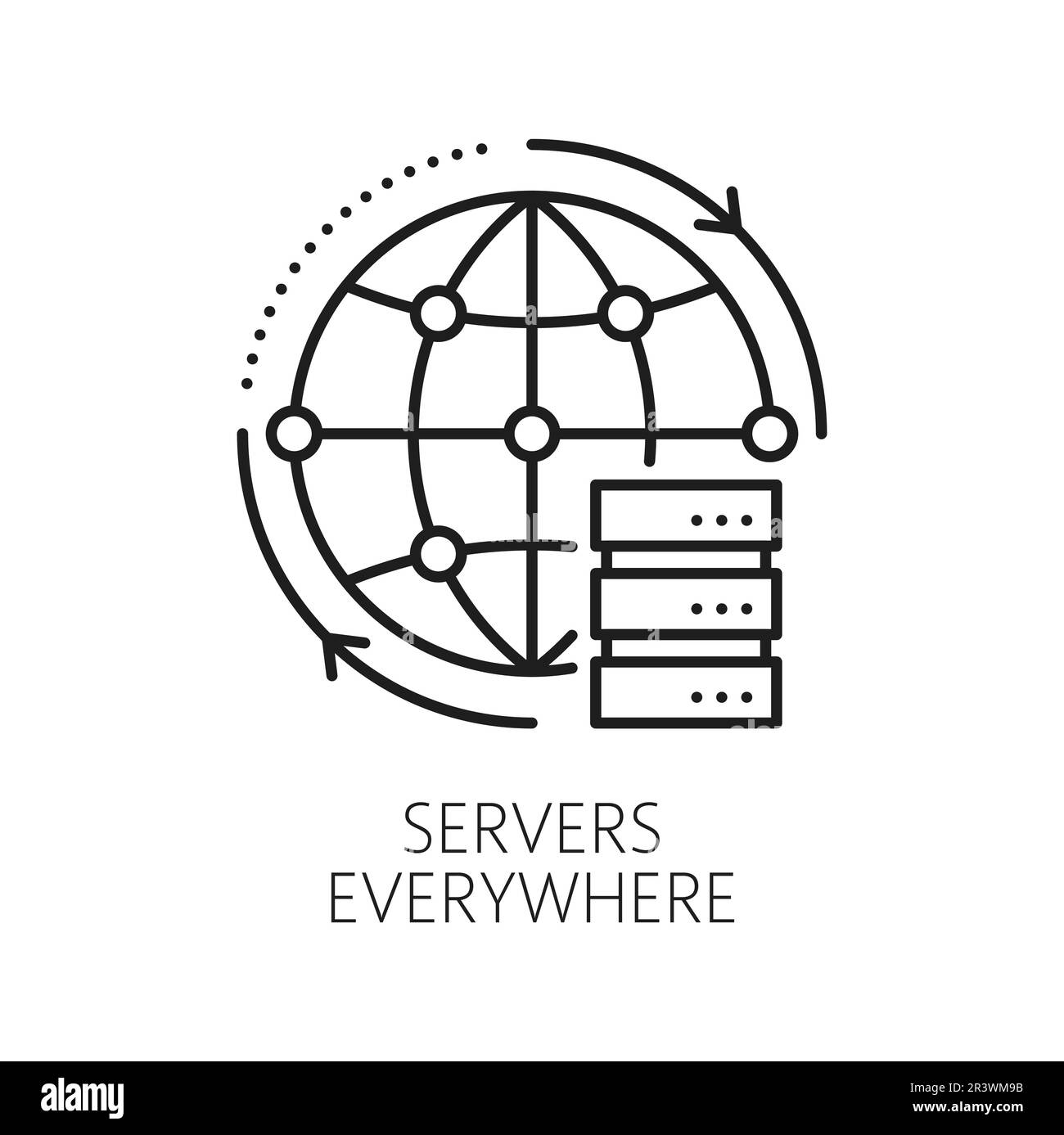 Server überall, CDN. Content Delivery Network-Symbol mit Thin-Line-Proxy-Servern und globalem Internet-Globus. Vector-Web-Technologien, Netzwerk zur Inhaltsverteilung von Dokumenten, Mediendateien, Software Stock Vektor