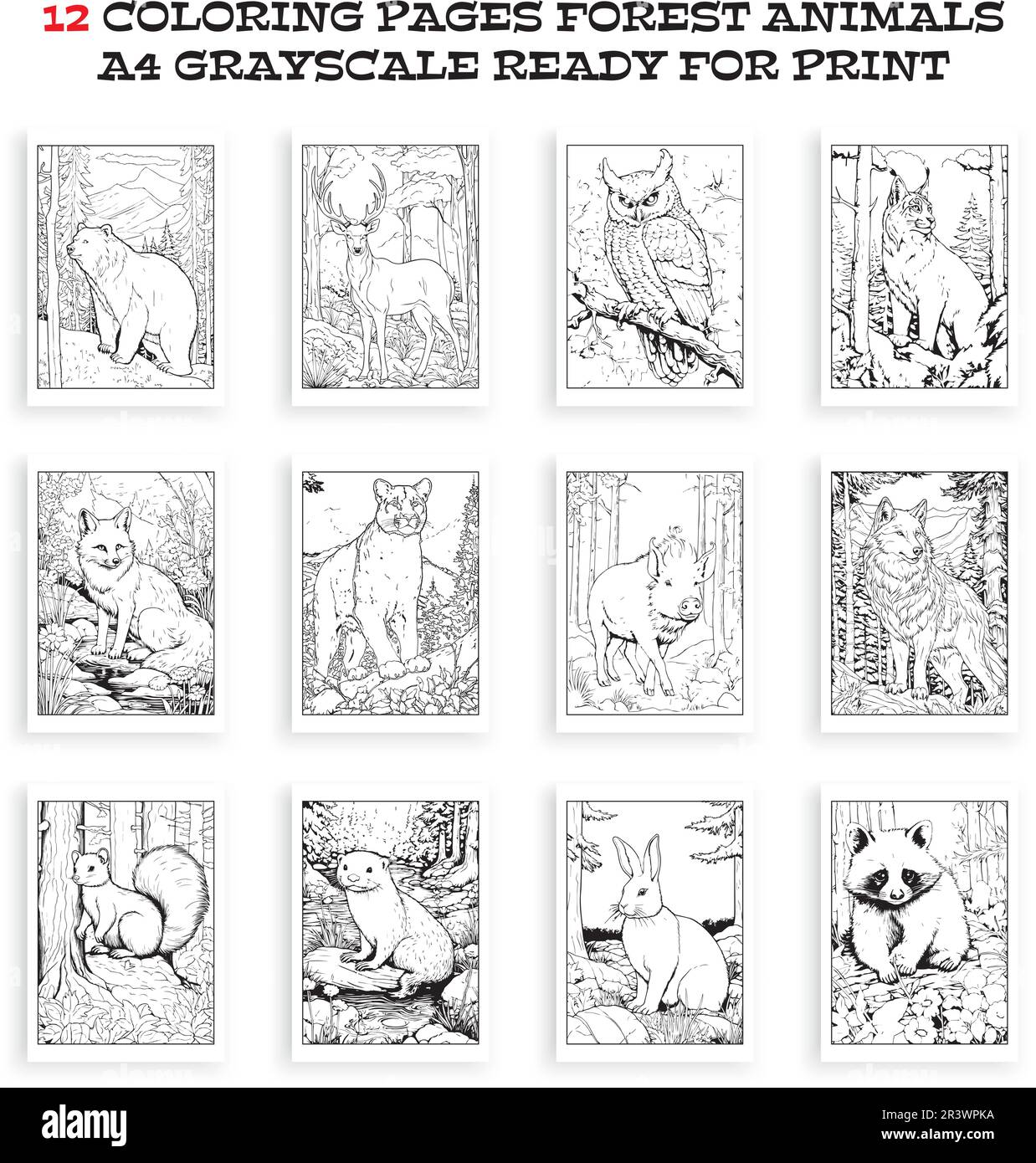 Waldtiere Malbuch, Vektor. 12 Ausmalseiten Illustration mit Waldtieren, die druckfertig sind, A4 Graustufen. Stock Vektor