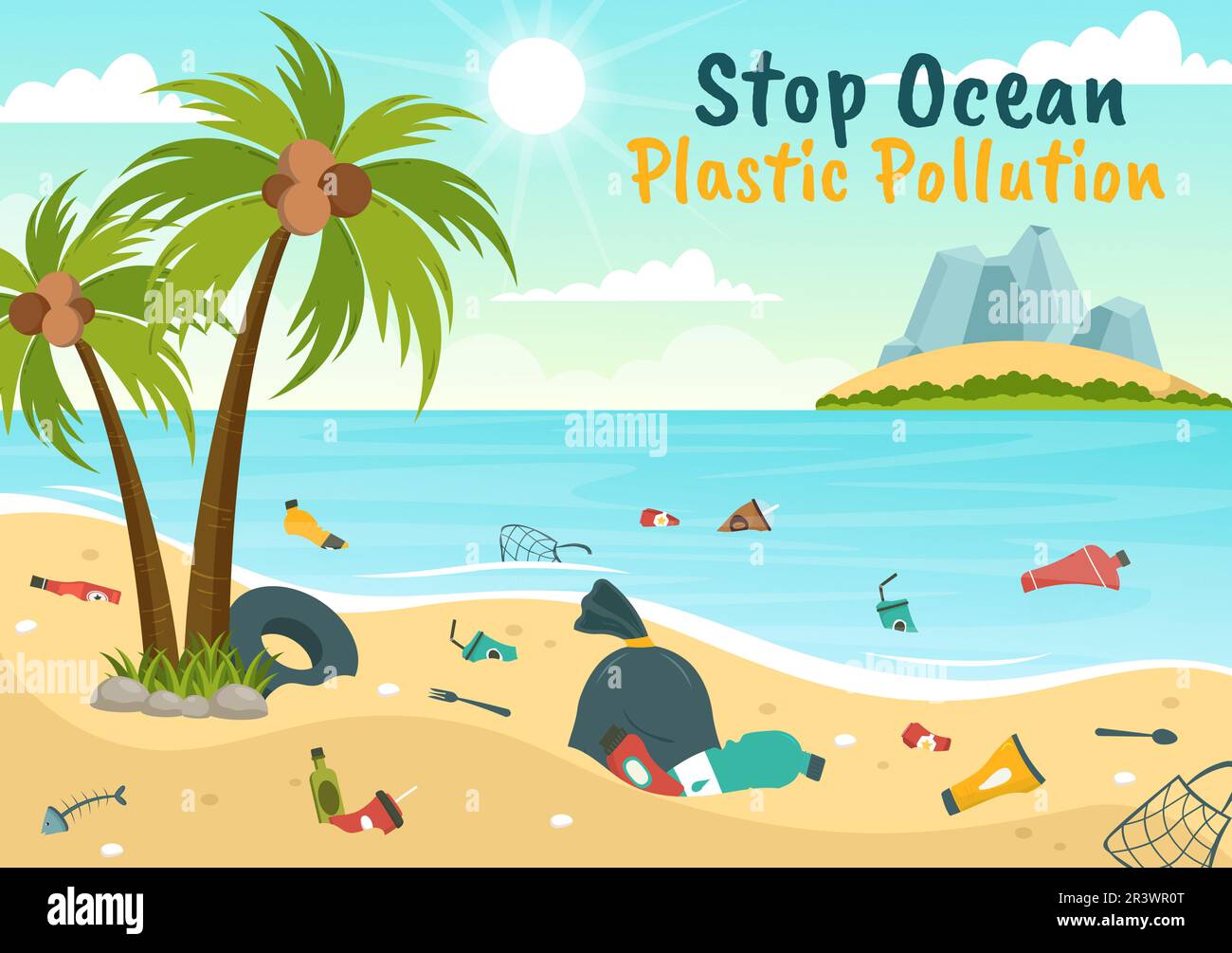 Stoppen Sie die Ozean-Plastik-Verschmutzungsvektor-Illustration mit Müll unter dem Meer wie ein Abfallsack, Müll und eine Flasche in flachen, handgezeichneten Schablonen Stock Vektor