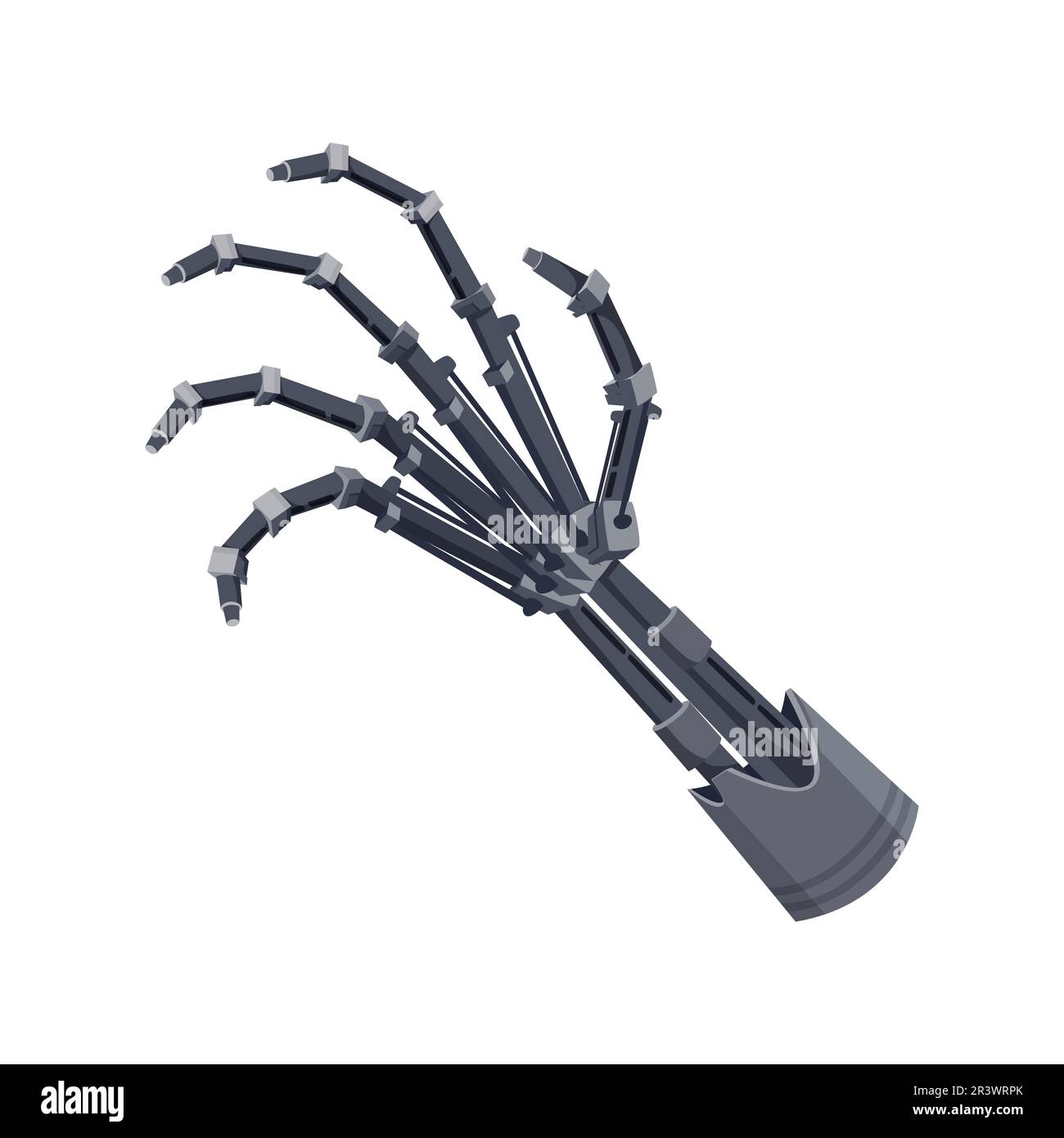 Menschliche Hand, robotermechanische Prothese, künstliche Zukunftstechnologie. Futuristischer Vektor-Roboterarm mit Metallfingern, Cyborg-Droid-Deaktivierte Prothese Stock Vektor