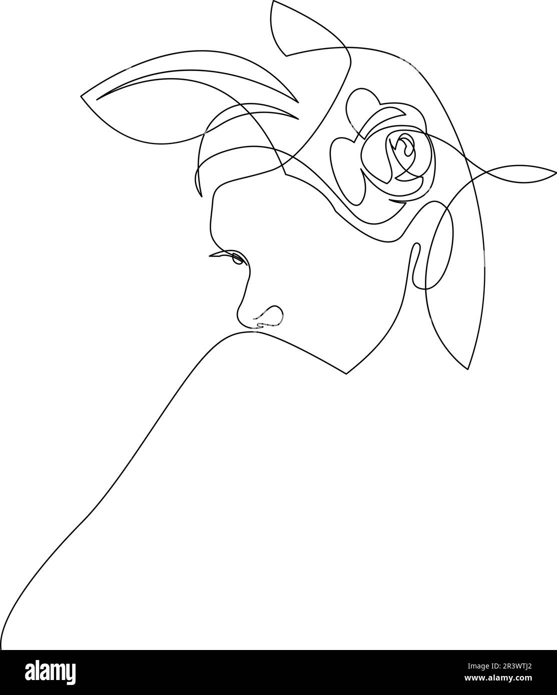 Weiblicher Kopf mit Blumenillustrierung. Von Hand gezeichnete durchgehende Vektorzeichnung. One Line Art Stock Vektor