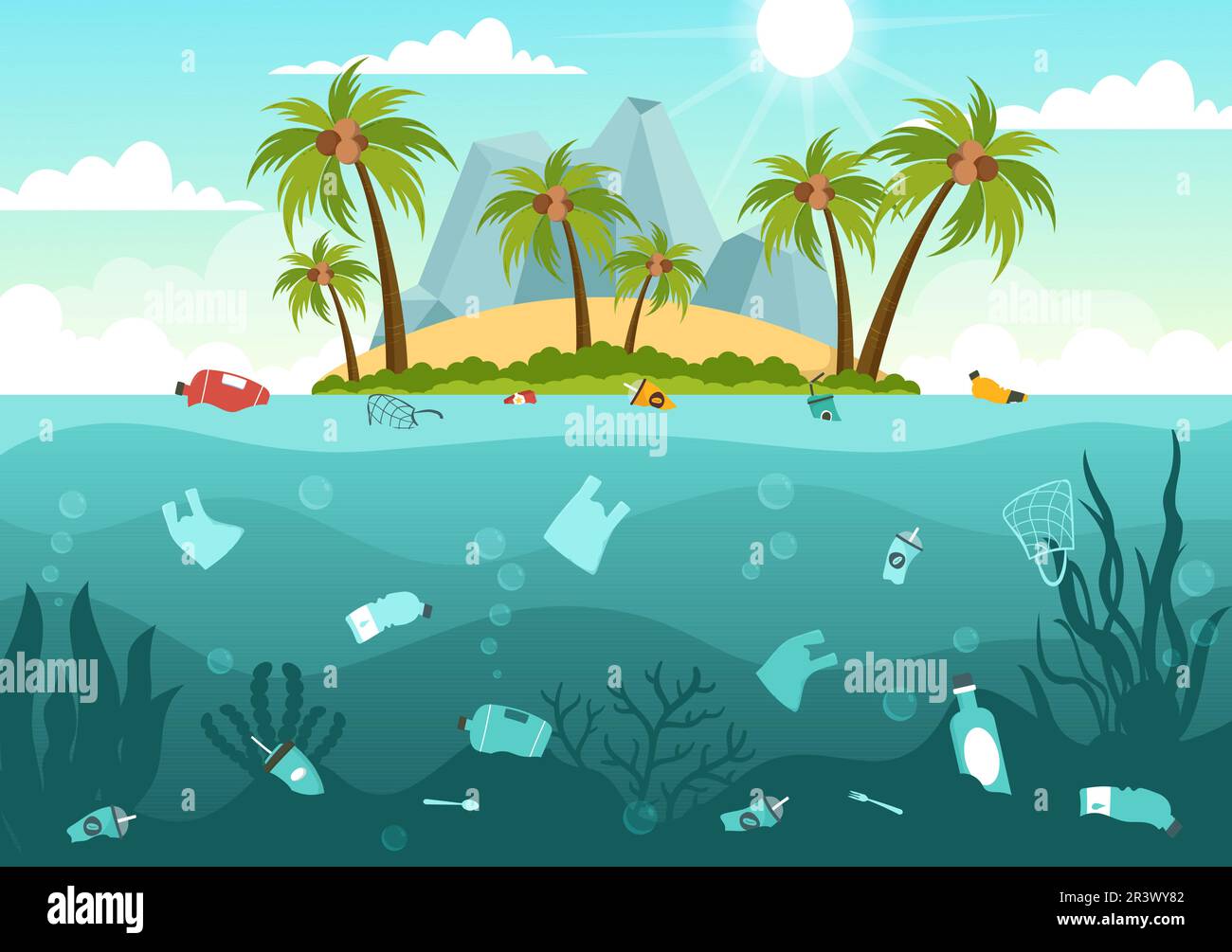 Stoppen Sie die Ozean-Plastik-Verschmutzungsvektor-Illustration mit Müll unter dem Meer wie ein Abfallsack, Müll und eine Flasche in flachen, handgezeichneten Schablonen Stock Vektor