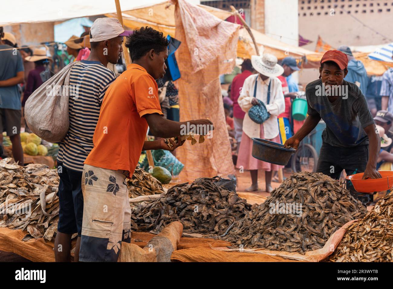 Der madagassische Mann kauft getrockneten Fisch auf einem Straßenmarkt. Angeln ist eine der Lebensgrundlagen in Madagaskar. Stockfoto