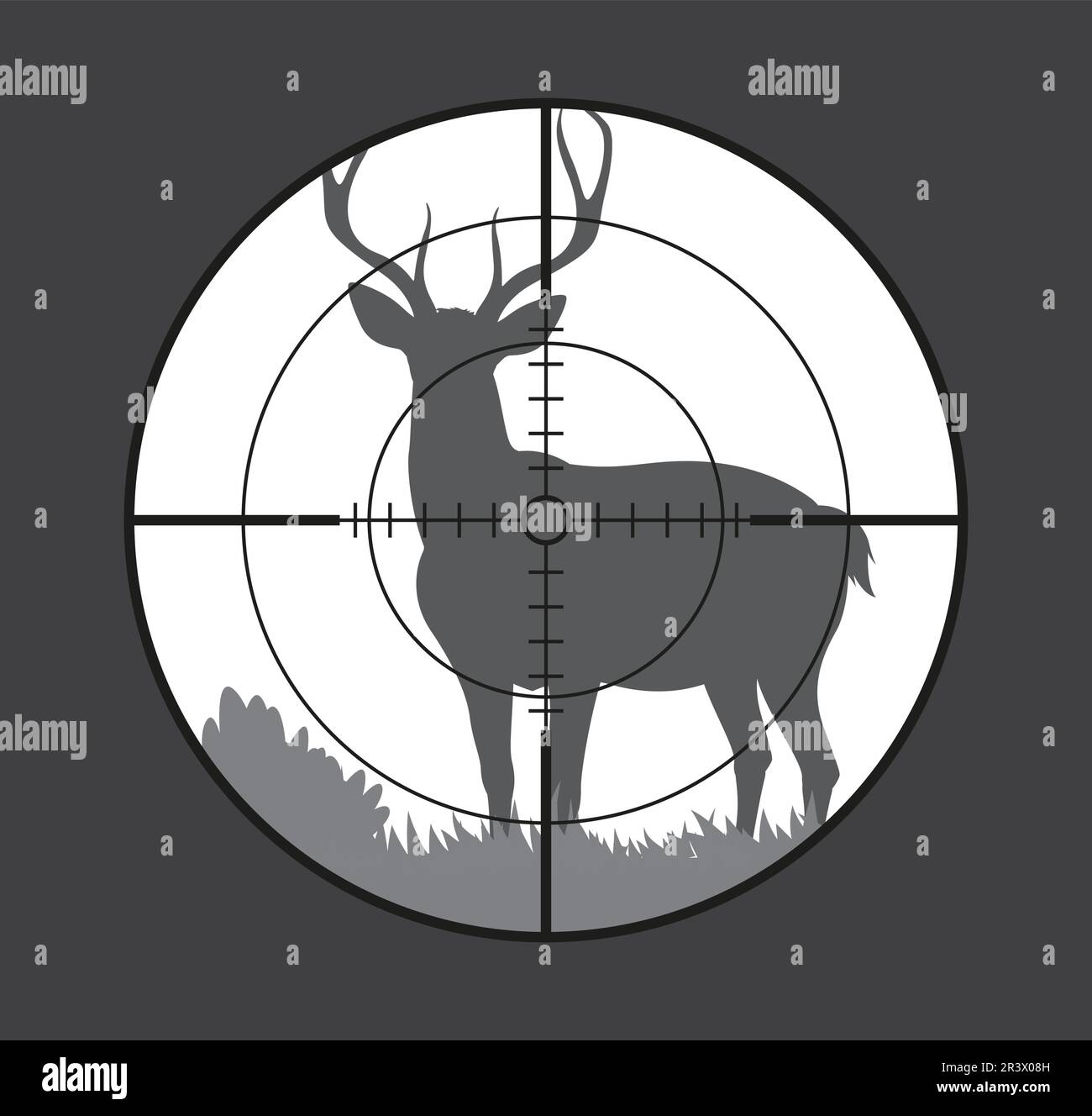 Hirschziel, Jagdgewehr-Zielfernrohr mit wildem Waldtier auf Naturlandschaft-Vektorhintergrund. Graue Silhouette eines Hirschgeweihs mit grossem Geweih in rundem Teleskopblick mit Fadenkreuz Stock Vektor