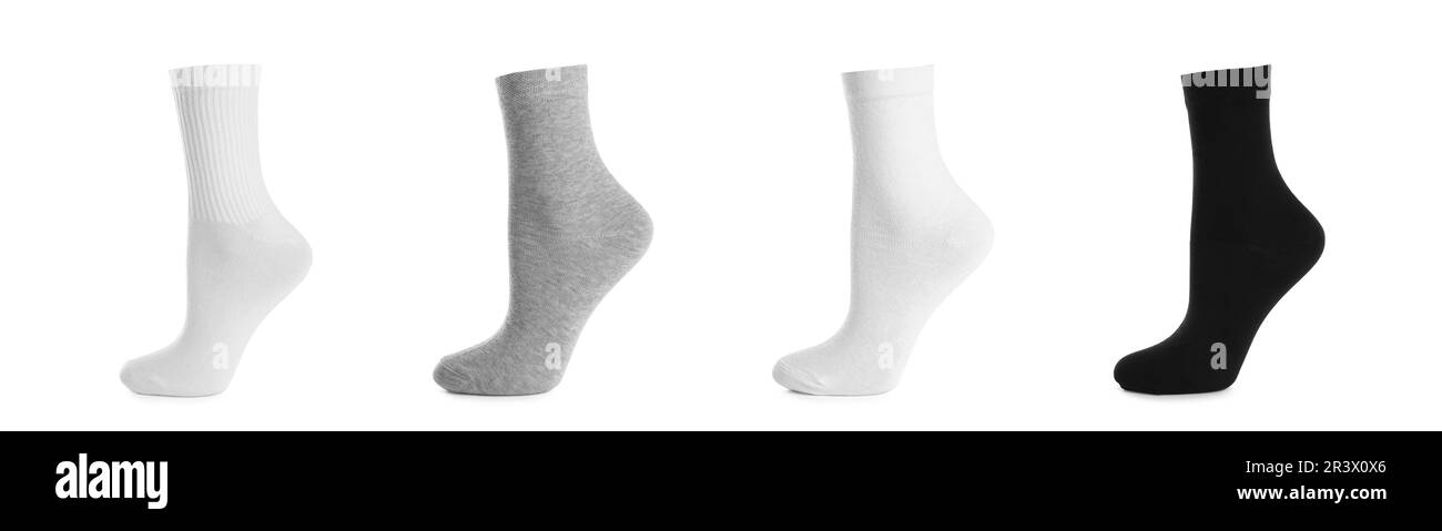Set mit verschiedenen Socken auf weißem Hintergrund. Bannerdesign Stockfoto