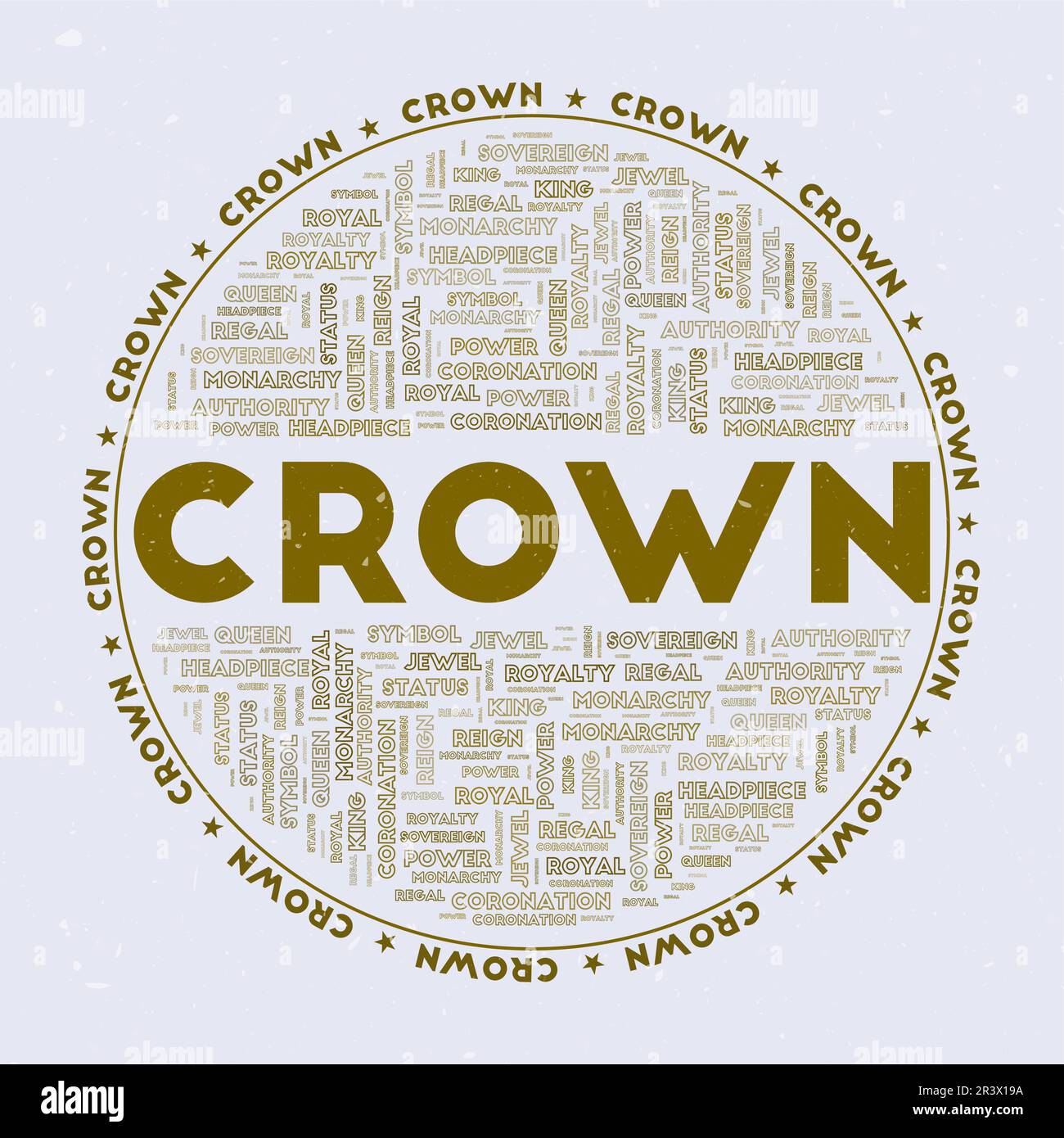 Krone - rundes Abzeichen. Textkrone mit Schlüsselwörtern Wortwolken und kreisförmigem Text. Krokodilmuster und Grunge-Textur. Authentische Vektordarstellung. Stock Vektor