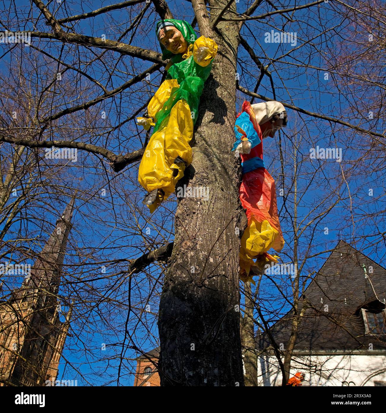 Karnevalszeit mit Plastik-moehne in einem Baum auf dem Markt, Erkelenz, Niederrhein, Deutschland, Europa Stockfoto