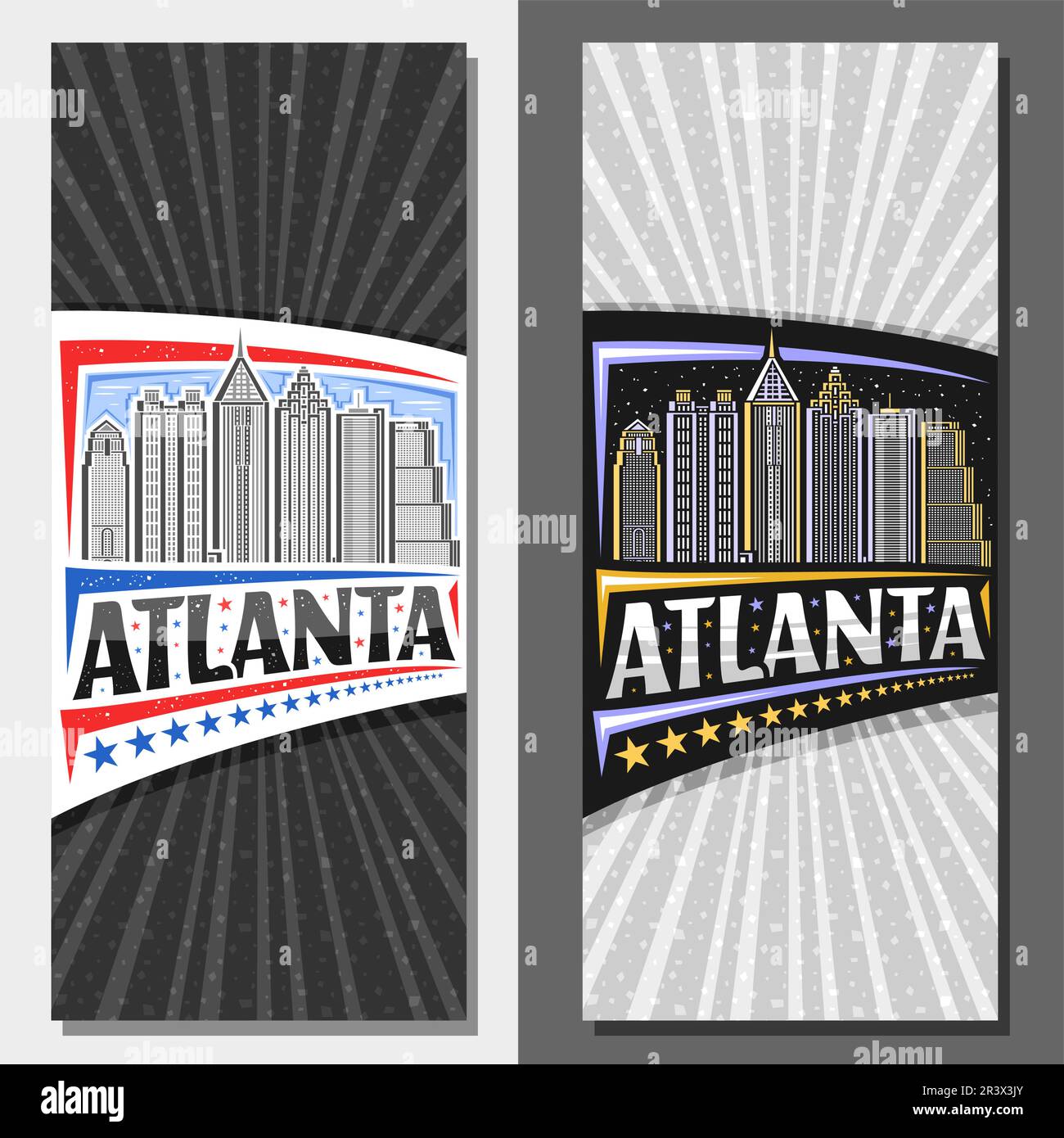 Vertikale Vektorvorlagen für Atlanta, dekoratives Layout mit Strichzeichnung der Stadtlandschaft von atlanta bei Tag und Abenddämmerung, Kunstdesign Stock Vektor