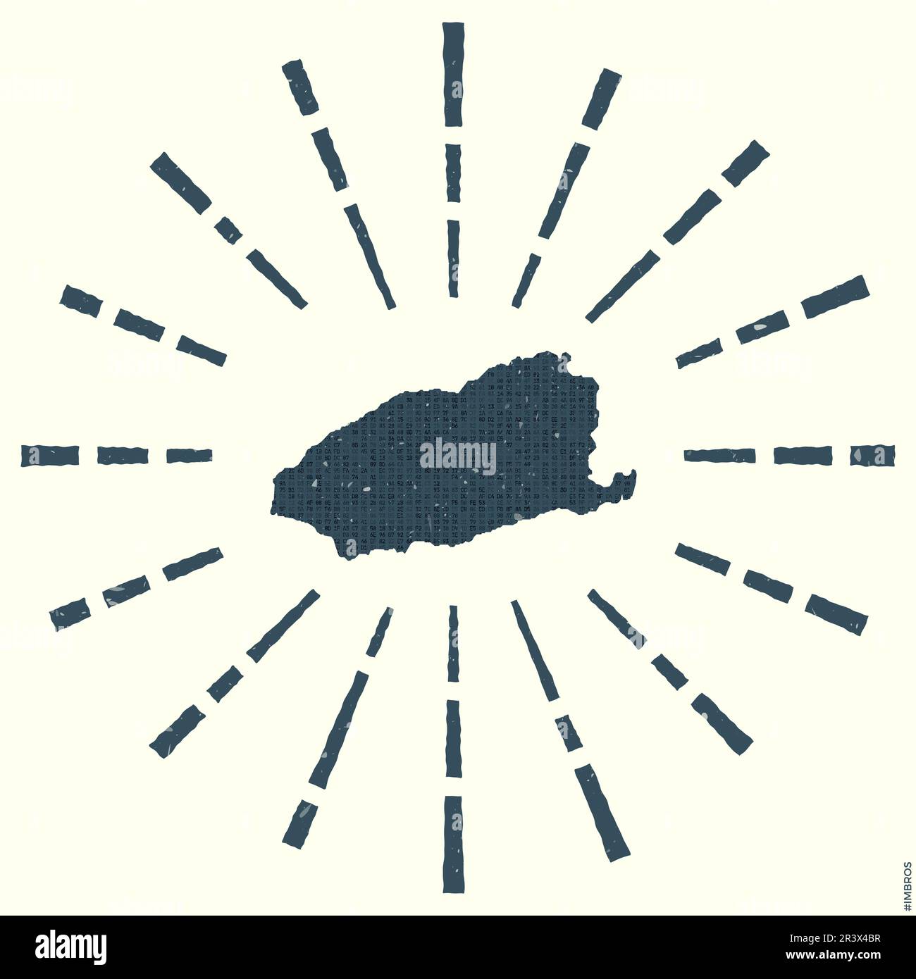 Imbros-Logo. Grunge Sunburst Poster mit Karte der Insel. Form des Imbros, gefüllt mit Hexziffern mit Sonnenstrahlen. Stock Vektor