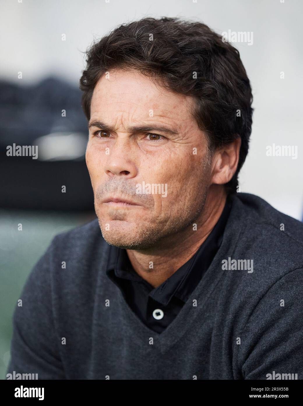 UD Almeria Cheftrainer Joan Francesc Ferrer Rubi schaut während des Spiels La Liga Santander zwischen Real Sociedad und UD Almeria im reale Arena Stadium o Stockfoto