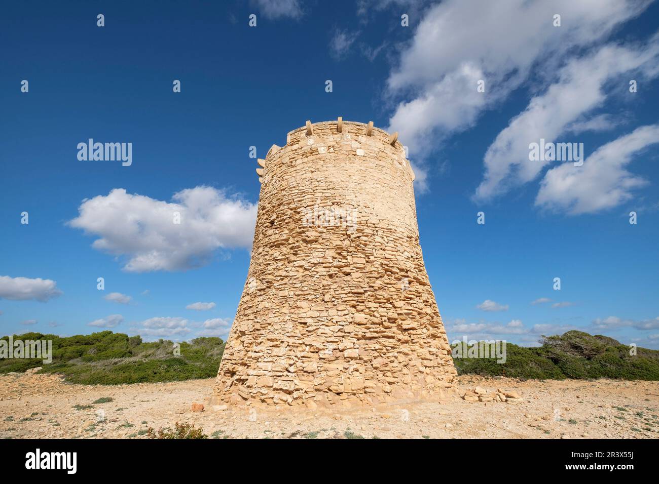 Wachturm der S Estalella, Jahr 1577, S'Estalella, Llucmajor, Mallorca, Balearen, Spanien, Europa. Stockfoto