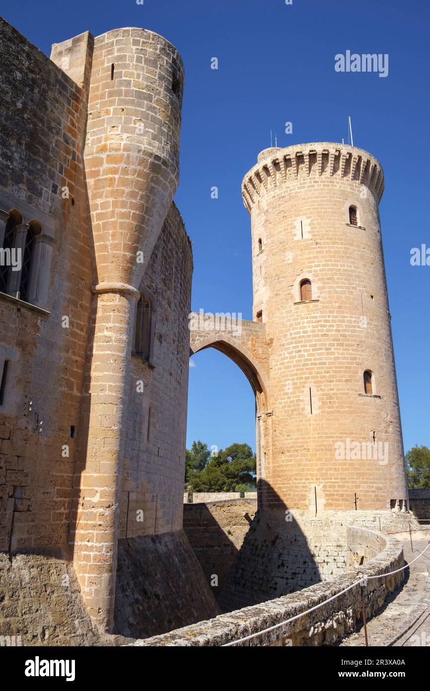 Torre del Homenaje, Castillo de Bellver, siglo XIV, estilo Gótico, Mallorca, Balearen, Spanien. Stockfoto