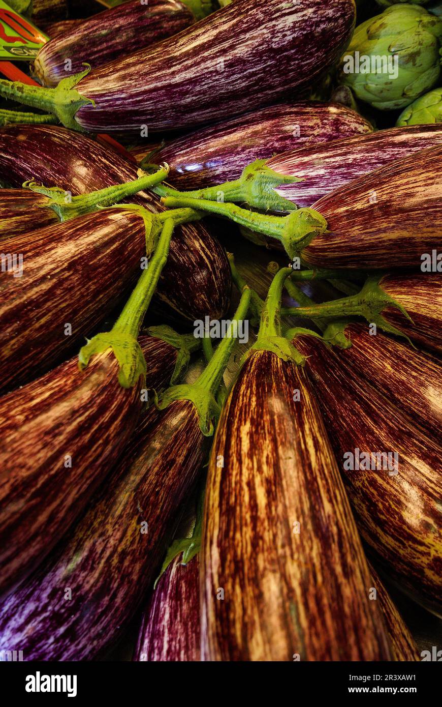 Berenjena blanca.Mercado de Solivar.Ciudad de Palma. Mallorca. Baleares.España. Stockfoto