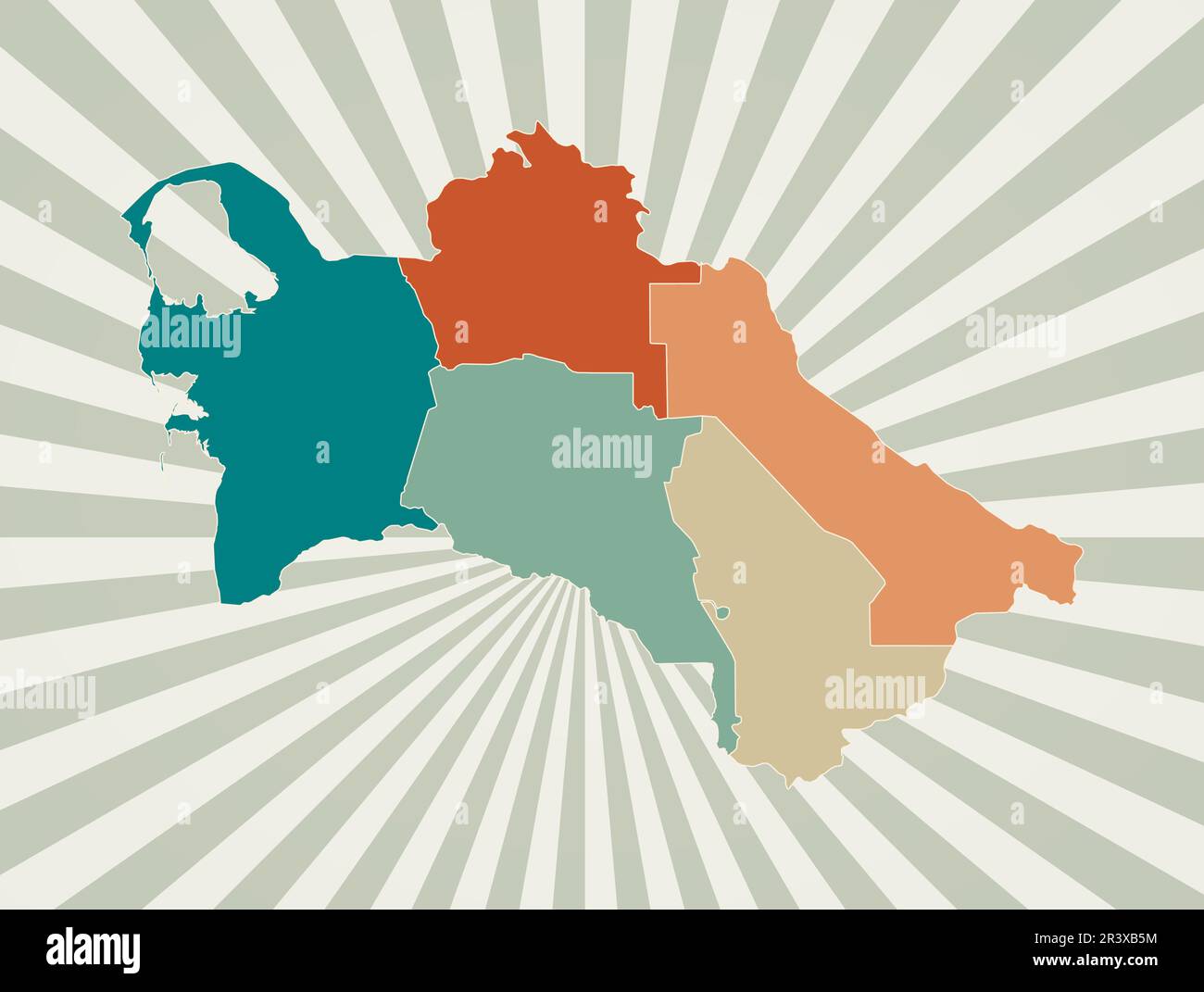Turkmenistan-Karte. Poster mit Landkarte in Retro-Farbpalette. Uber die Form Turkmenistans mit sonnenbestrahltem Hintergrund. Vektordarstellung. Stock Vektor