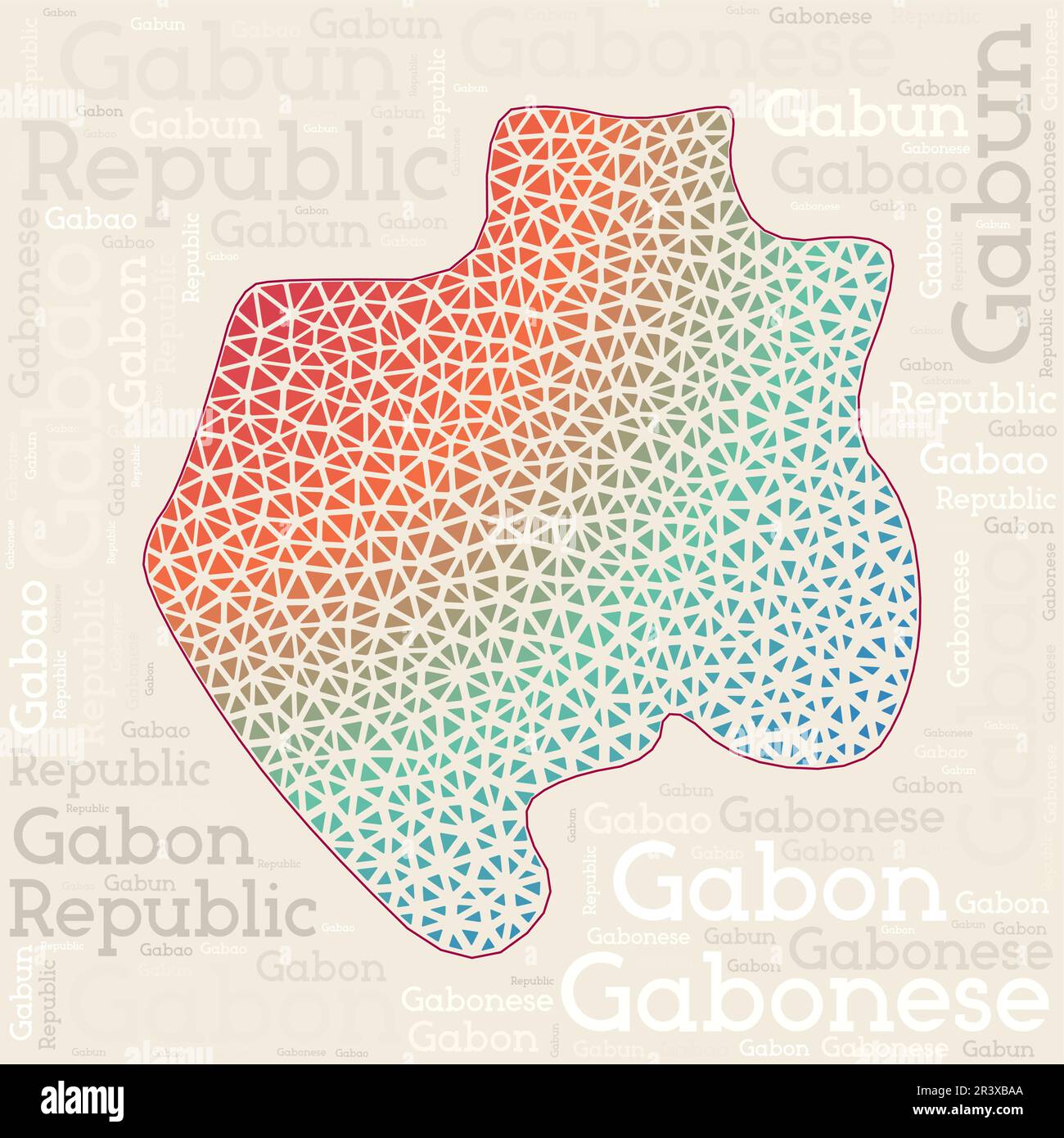 Gabun Kartendesign. Ländernamen in verschiedenen Sprachen und Kartenform mit geometrischen niedrigen Poly-Dreiecken. Klassische Vektor-Illustration von Gabun. Stock Vektor