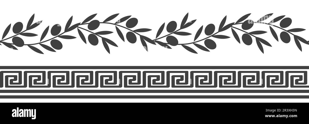Nahtloses Muster mit römischen Verzierungen und Olivenzweigen. Dekorativer Vektorrand für Wanddekoration, Olivenölverpackung, Fliesen, Karten Stock Vektor