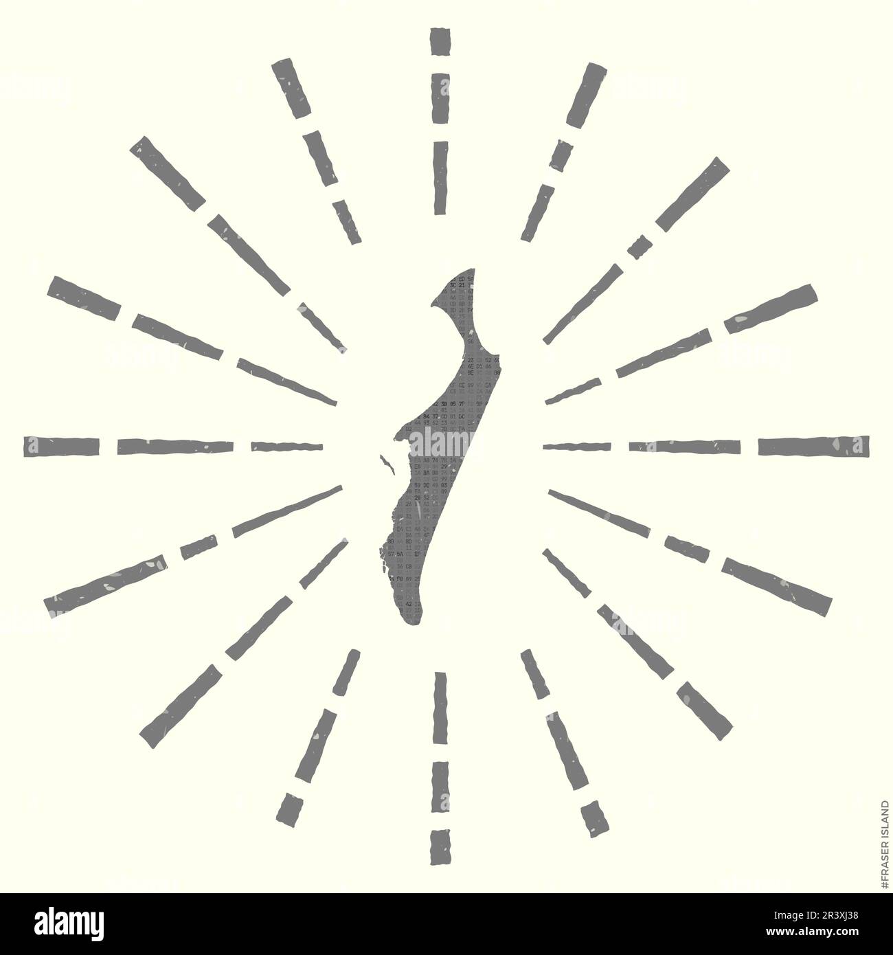 Fraser Island Logo. Poster „Grunge Sunburst“ mit Grenzkarte. Die Form von Fraser Island, gefüllt mit Hexenzähnen, mit Sonnenstrahlen. Stilvoller Vektor Stock Vektor