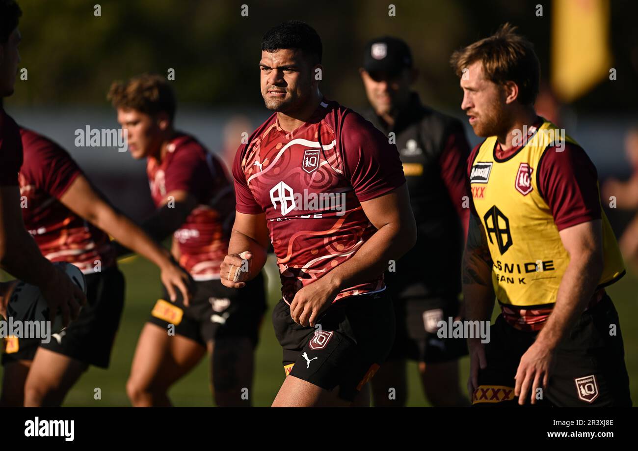 Gold Coast, Australien. 25. Mai 2023. David Fifita während einer Teamschulung des Queensland Maroons State of Origin an der Gold Coast, Donnerstag, 25. Mai 2023. (AAP Image/Dave Hunt) NO ARCHIVING Credit: Australian Associated Press/Alamy Live News Stockfoto