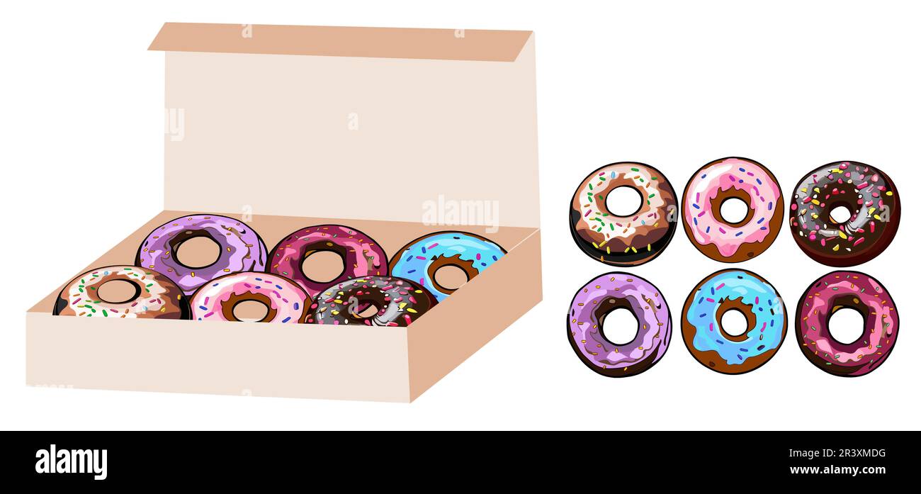 Donuts in Box glasiert mit farbenfrohem Zuckervektor. Stock Vektor