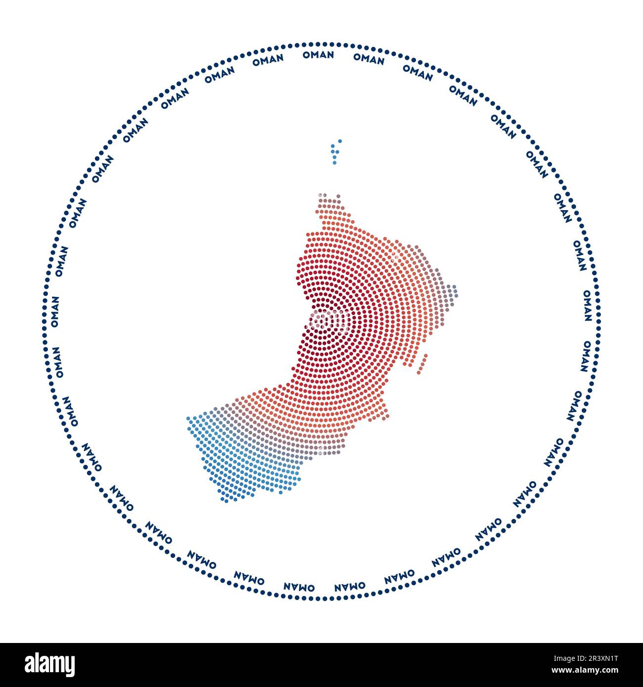 Rundes Oman-Logo. Digitale Form des Oman in gepunktetem Kreis mit Ländernamen. Technisches Symbol des Landes mit abgestuften Punkten. Eleganter Vektorillustr Stock Vektor