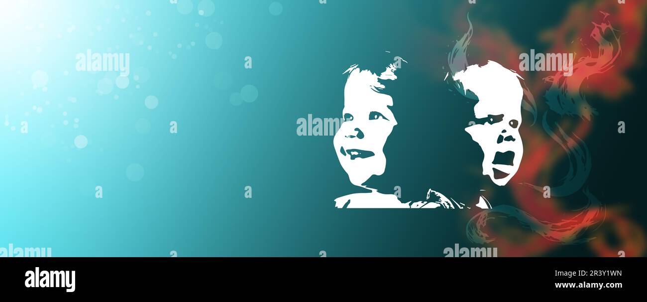 Das Konzept Der Bipolaren Störung. Ein Baby, ein Kleinkind, mit zwei verschiedenen Gesichtern von gespaltenen Persönlichkeiten. Psychische Gesundheit und Stimmungsschwankungen. Doppel- oder Doppelzimmer persönlich Stockfoto