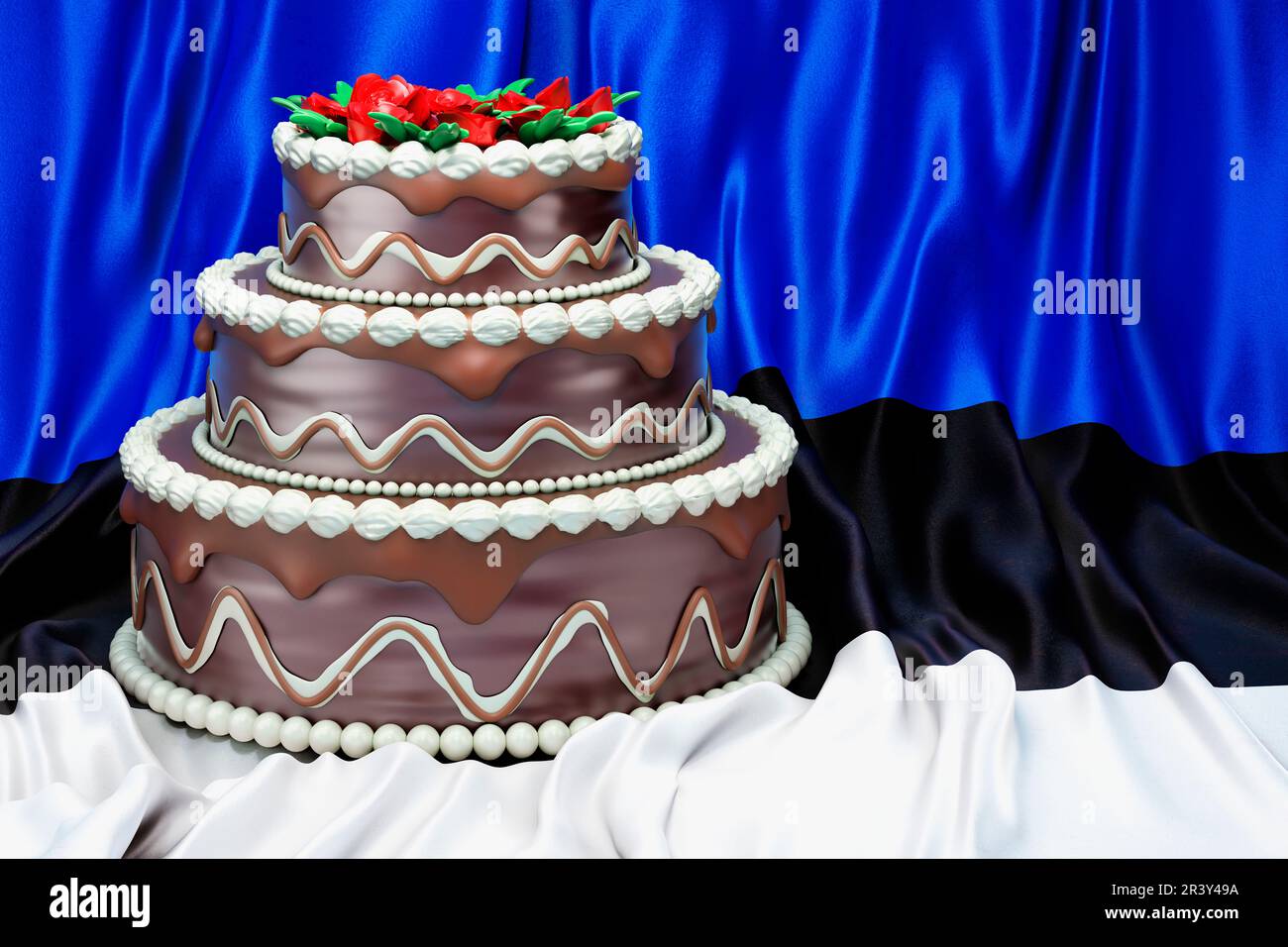 Schokoladenkuchen auf estnischer Flagge, 3D-Rendering Stockfoto