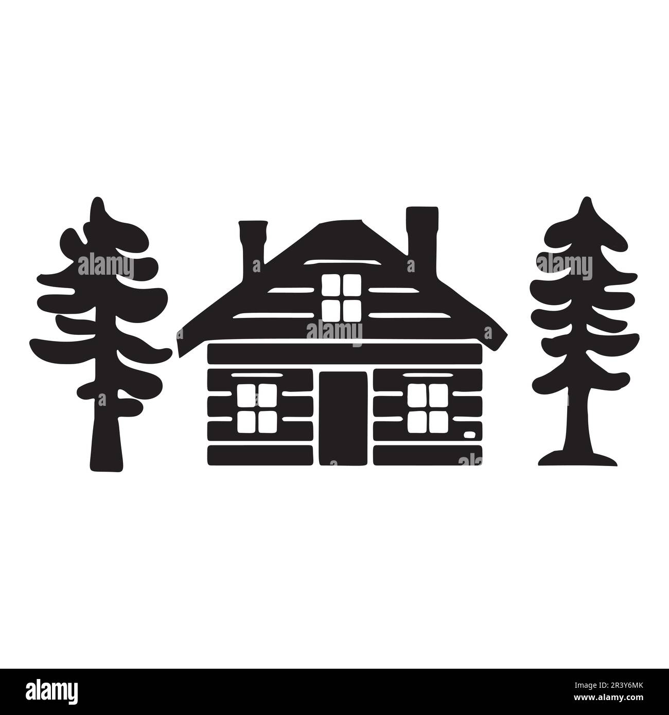 Holzkabine in scandi Linocut-Vektordarstellung. Alpenhütte im Landurlaub Dorf Cartoon. Stock Vektor