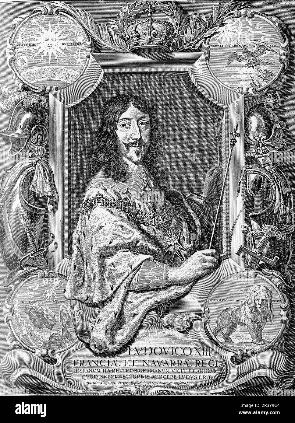 Ludwig XIII. War ein französischer König aus dem 17. Jahrhundert, der von 1610 bis 1643 regierte. Er erbte ein durch religiöse und politische Konflikte zerrissenes Königreich und kämpfte um seine Autorität. Man erinnert sich an ihn für seine Schirmherrschaft der Künste, seine Beiträge zur Entwicklung der französischen Marine und seine Allianz mit Richelieu. Seine Herrschaft war auch von erheblichen Unruhen und Rebellion geprägt Stockfoto