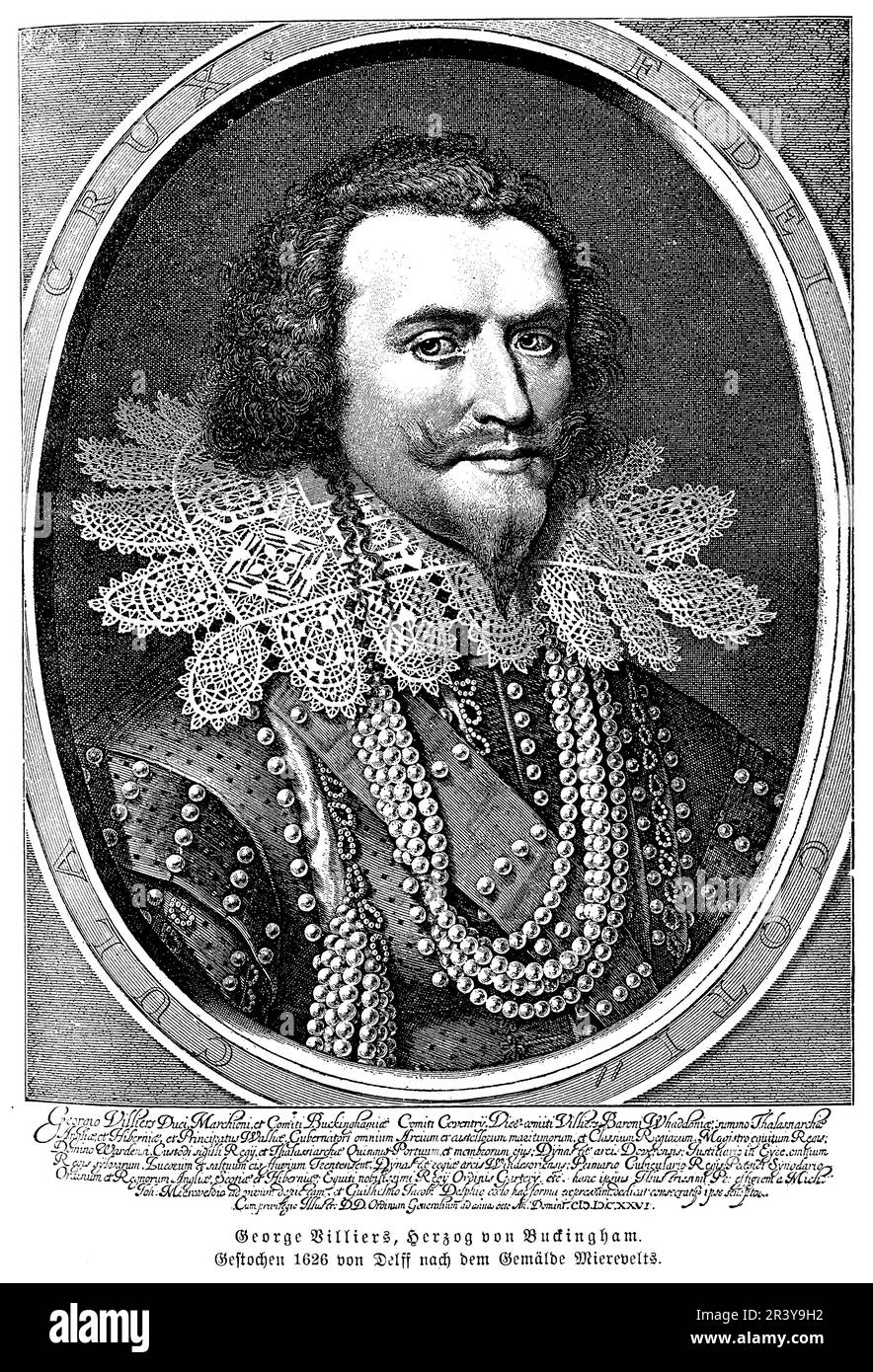 George Villiers, auch bekannt als Herzog von Buckingham, war ein englischer Staatsmann und Höflicher aus dem 17. Jahrhundert, der als Favorit von König James I. und König Charles I. berühmt wurde Er spielte eine wichtige Rolle in der englischen Politik und Außenpolitik, einschließlich eines gescheiterten Versuchs, ein anglofranzösisches Bündnis zu bilden. Er ist auch bekannt für sein umstrittenes Privatleben und seine Beteiligung an einer Reihe politischer Skandale. Seine Ermordung im Jahr 1628 war das Ende seiner politischen Karriere. Stockfoto