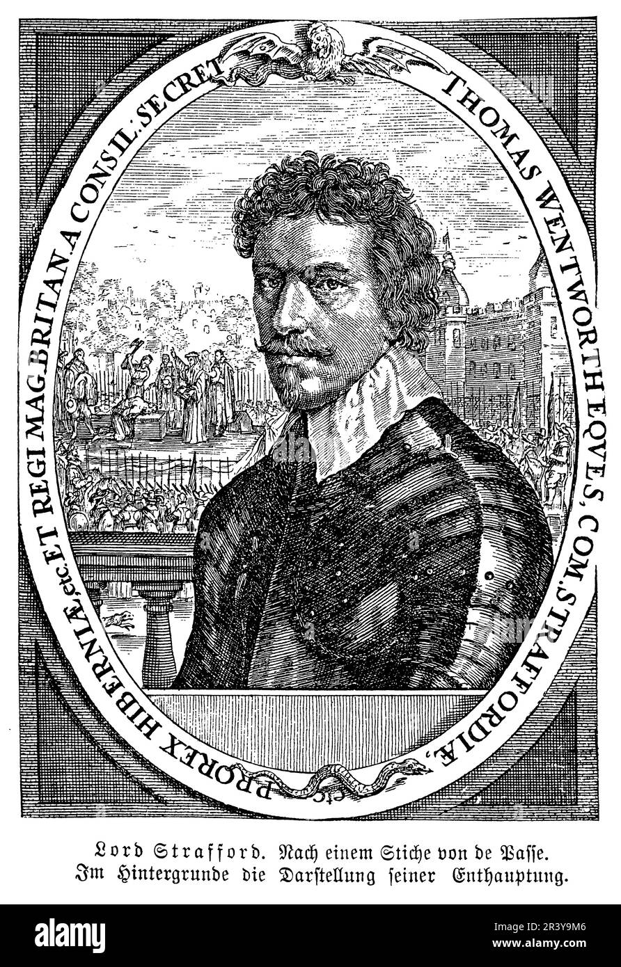 Lord Strafford, auch bekannt als Thomas Wentworth, war ein englischer Staatsmann aus dem 17. Jahrhundert und Berater von König Karl I. Er diente als Lord Deputy of Ireland und später als Präsident des Rates des Nordens und war bekannt für seinen autoritären und konfrontativen politischen Stil. Er spielte eine Schlüsselrolle bei den Versuchen des Königs, ohne Parlament zu regieren, und spielte eine entscheidende Rolle bei der Verabschiedung der unpopulären Schiffsgeldsteuer. Er wurde vom Parlament enthoben und 1641 hingerichtet, was zu einem der bedeutendsten Opfer des Englischen Bürgerkriegs wurde Stockfoto