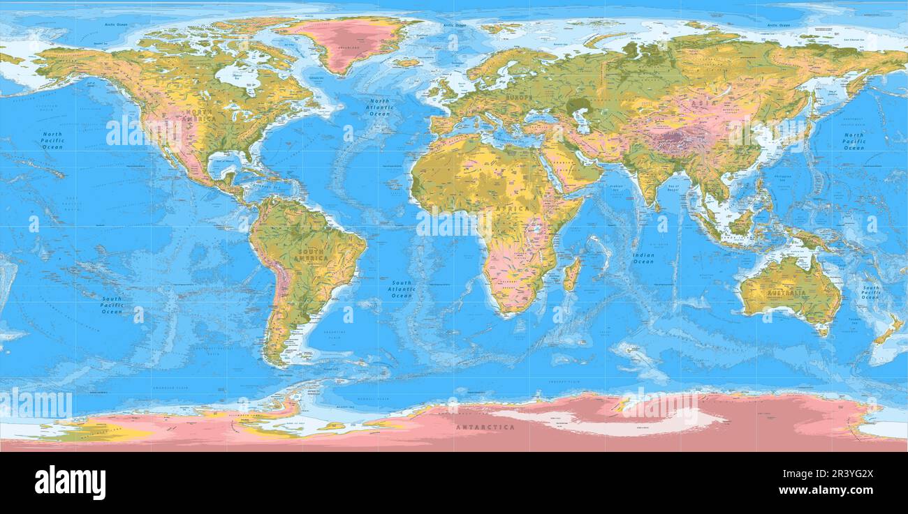 Detaillierte topographische Weltkarte WGS 84-Projektion Stock Vektor