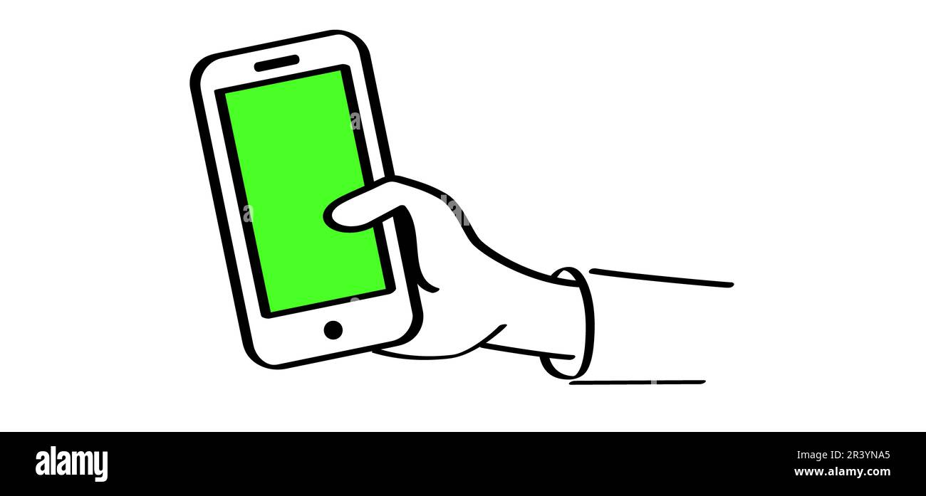 Chromakey, grüner Bildschirmhintergrund und Smartphone. Symbol für mobiles Smartphone-Gerät. Cartoon Smartphone und Chroma Key, Videoformat. Zeichnungssucher Stockfoto