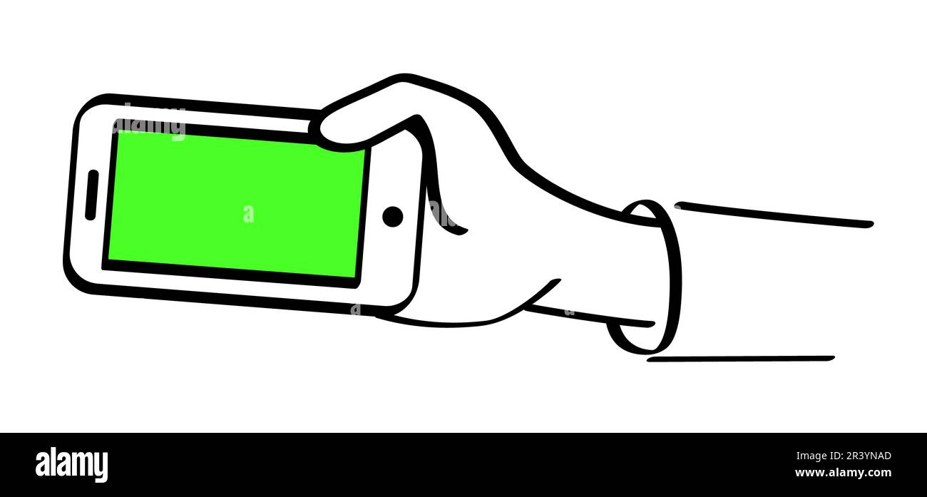 Chromakey, grüner Bildschirmhintergrund und Smartphone. Symbol für mobiles Smartphone-Gerät. Cartoon Smartphone und Chroma Key, Videoformat. Zeichnungssucher Stockfoto