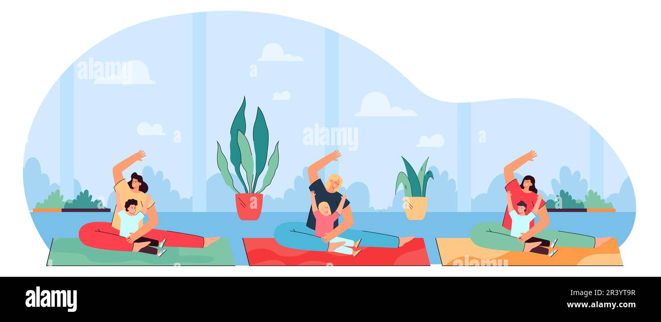 Gruppe von Müttern mit Babys, die Yoga-Übungen machen Stock Vektor