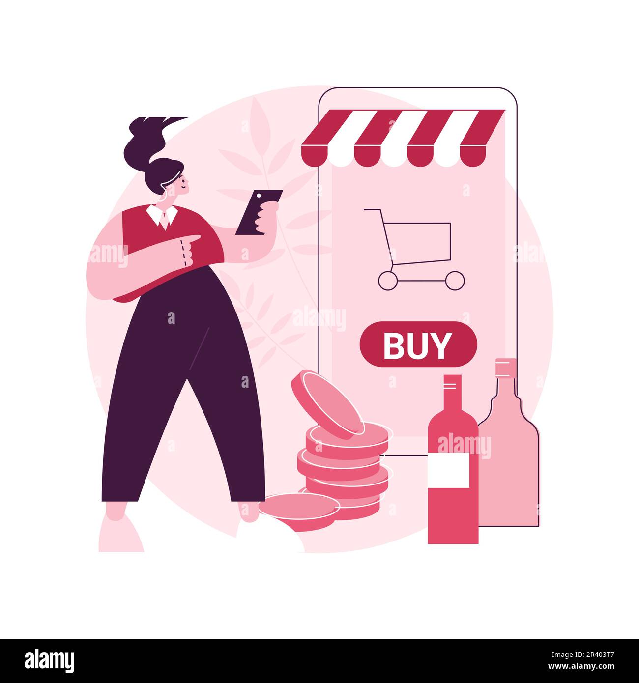 Alcohol E-Commerce abstrakte Konzept Vektor Illustration. Online-Lebensmittelgeschäft, Alkoholmarkt, Online-Wein direkt an Verbraucher, Spirituosengeschäft, kontaktlose Lieferung, Bleiben Sie zu Hause abstrakte Metapher. Stock Vektor