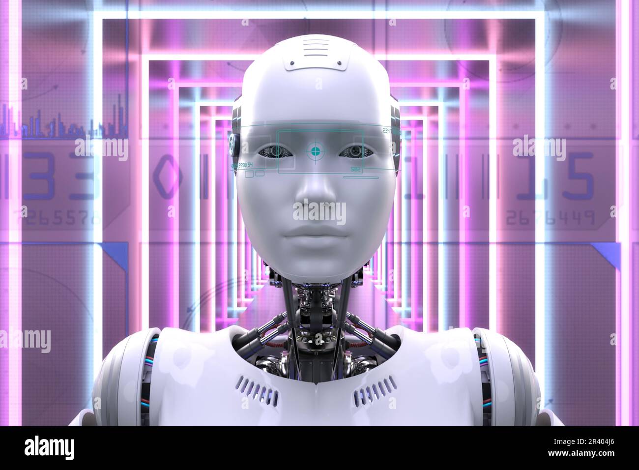 Künstlerische 3D-Darstellung eines Cyborgs mit künstlicher Intelligenz Stockfoto