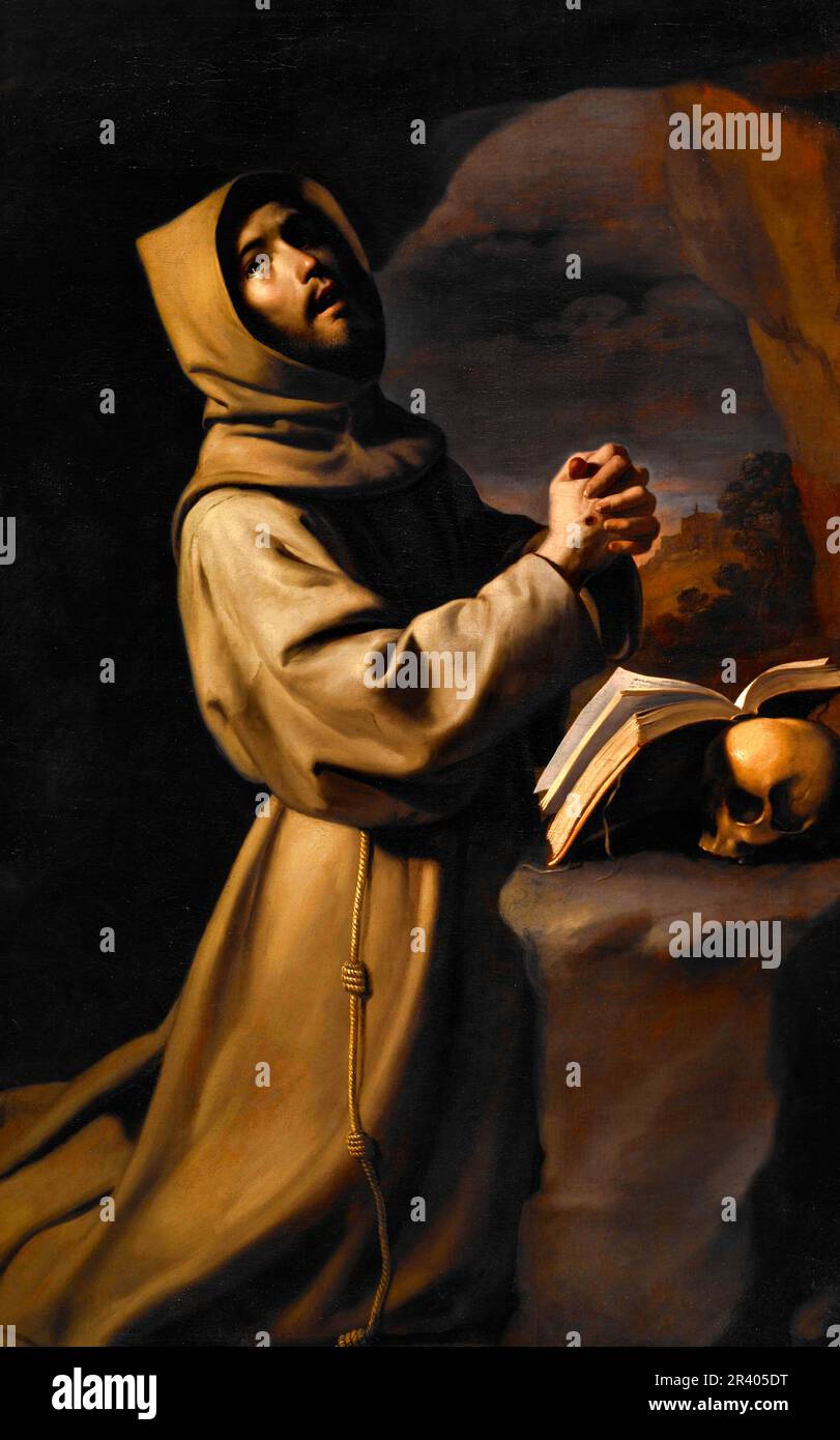 Saint Francis in Meditation von der Werkstatt Francisco de Zurbarán (1598-1664), Öl auf Leinwand, c.1650-55 Stockfoto