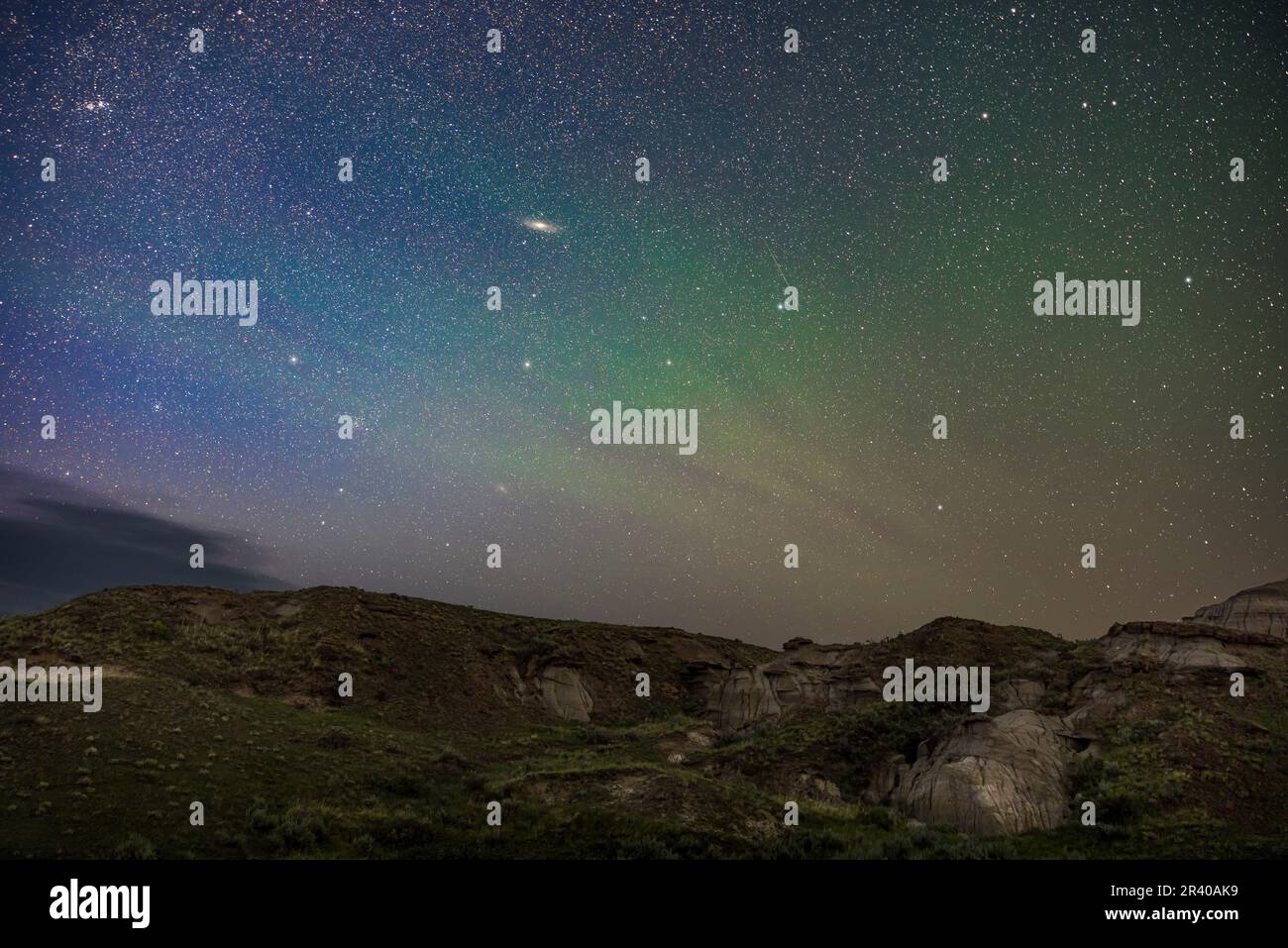 Im Dinosaur Provincial Park in Alberta, Kanada, wird der Himmel von Airglow getönt, während die Konstellation Andromeda aufsteigt. Stockfoto