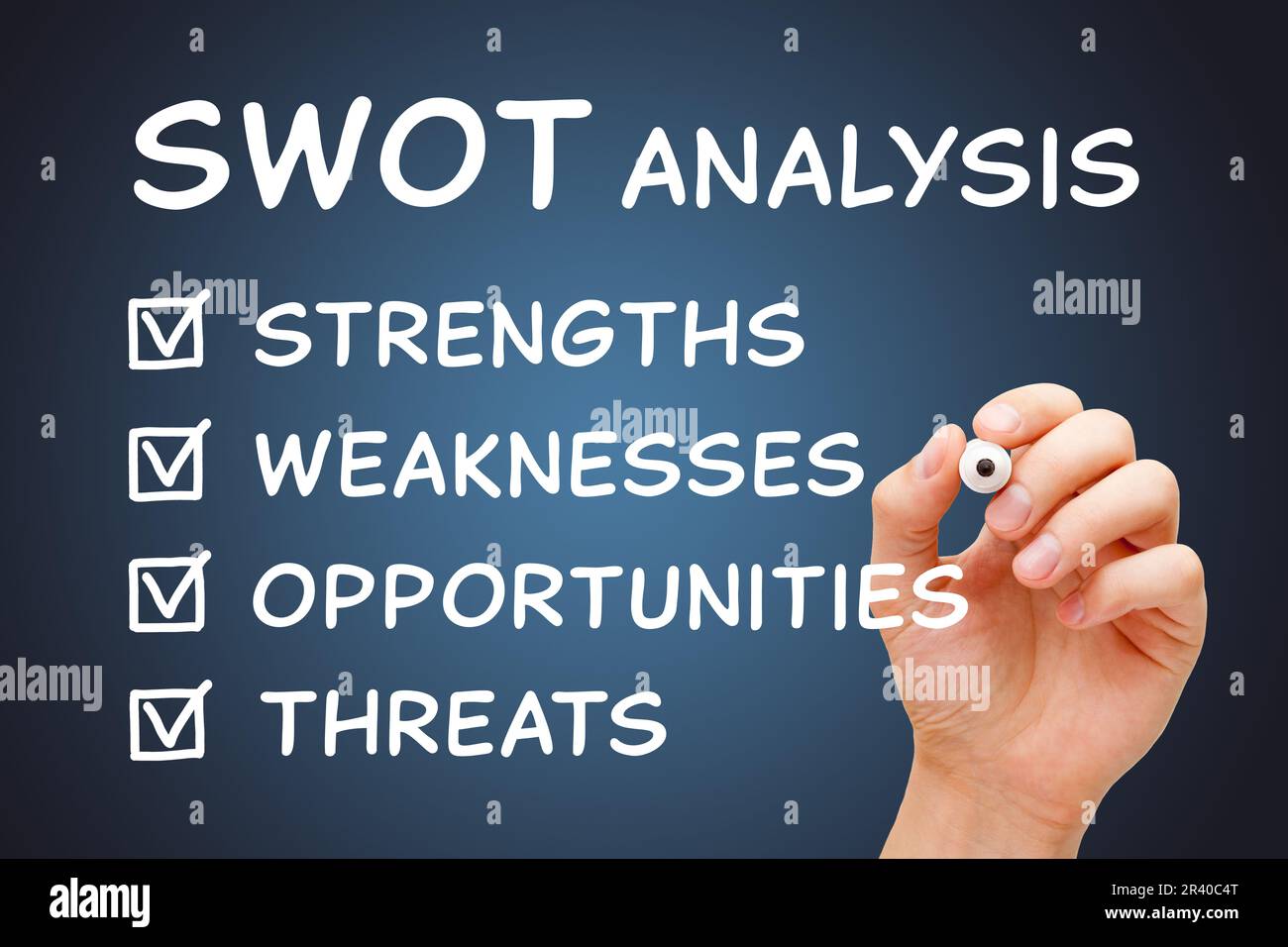 Handschriftliche SWOT-Analysekontrollen kennzeichnen das Geschäftskonzept zur Bewertung von Stärken, Schwächen, Chancen und Bedrohungen eines Unternehmens. Stockfoto