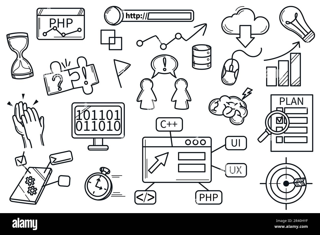 Hackathon-Spielset. Handgezeichnete Symbole Sammlung von Programmier-, Brainstorming- und Generationsideen, Entwicklung, Timing und Teamarbeit, Ziel- und Strategieplan. Software-Vektorzeichnungen entwickeln. Stock Vektor