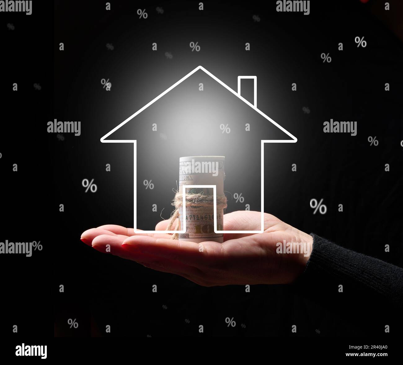 Hand hält ein virtuelles Neonsymbol auf schwarzem Hintergrund. Immobilienversicherungskonzept, Miete und Hypothek Stockfoto Hand hält ein virtuelles Neonsymbol auf schwarzem Hintergrund. Immobilienversicherungskonzept, Miete und Hypothek Stockfoto