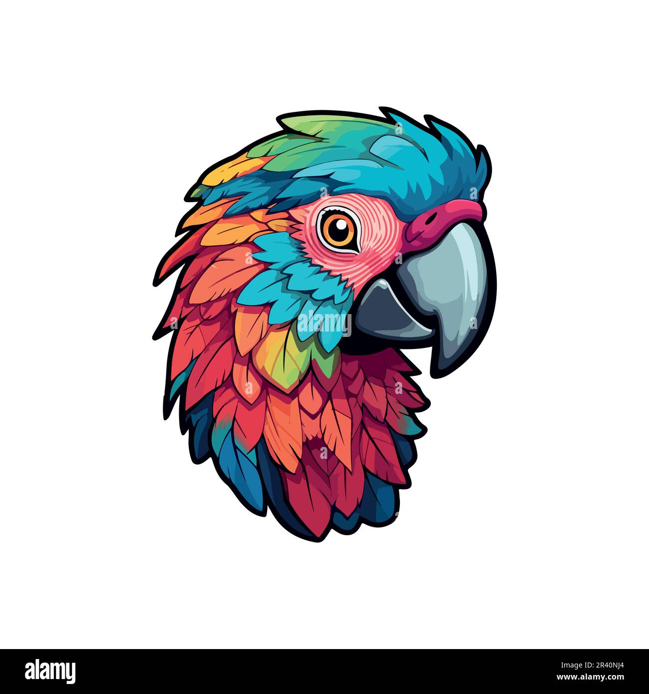 Ein heller und fröhlicher Cartoon-Papagei mit lebendigen, mehrfarbigen Federn lächelt schamlos. Stock Vektor