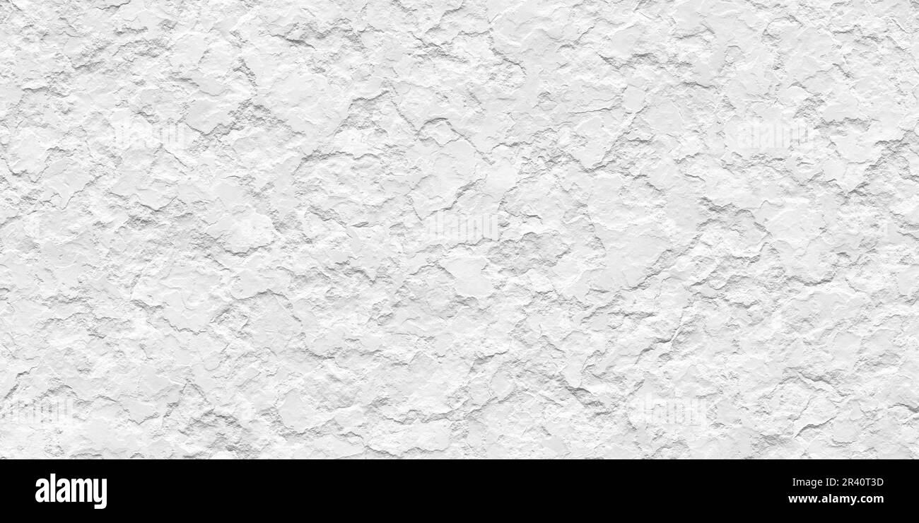 Nahtlose, raue, weiße Überlagerung der Hintergrundstruktur auf Putz. Abstrakte gemalte Graustufenverschiebung aus Stuck oder Zement, Unebenheiten oder Höhenkarte. Tapete Stockfoto