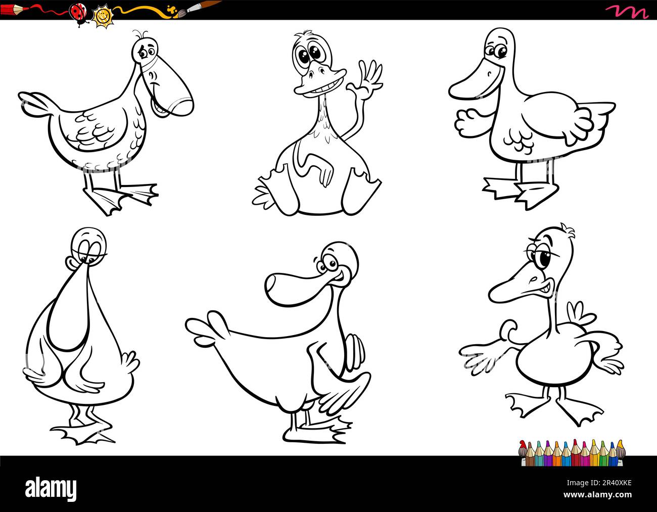 Schwarz-weiße Zeichentrickfigur mit Enten, Bauernhoftieren und Figuren, die eine Farbseite bilden Stock Vektor