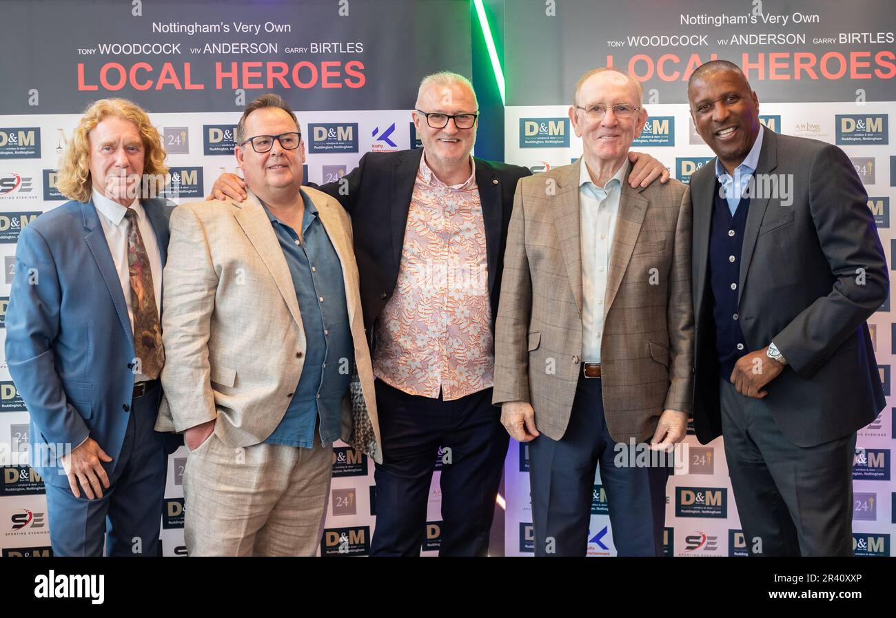 Tony Woodcock, John Warrington, Gary Birtles, Ian Bowyer, Viv Anderson (von links nach rechts während der Weltpremiere des Dokumentarfilms Local Heroes im Arc Cinema, Beeston, Nottingham am 25. Mai 2023 (Foto von Ritchie Sumpter/Alamy Live News) Stockfoto