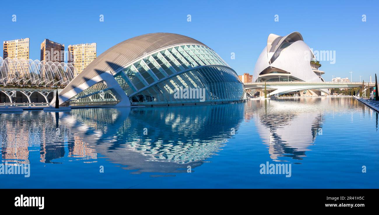 Ciutat de les Arts i les Ciencies Moderne Architektur von Santiago Calatrava Panorama in Valencia, Spanien Stockfoto