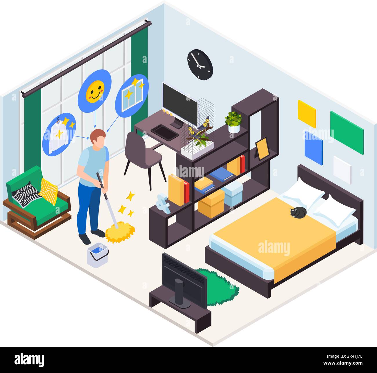 Mental Health Wellness Icons Zusammensetzung mit isolierter Sicht auf das Innere des Hauses und Mann reinigende Raum Vektordarstellung Stock Vektor