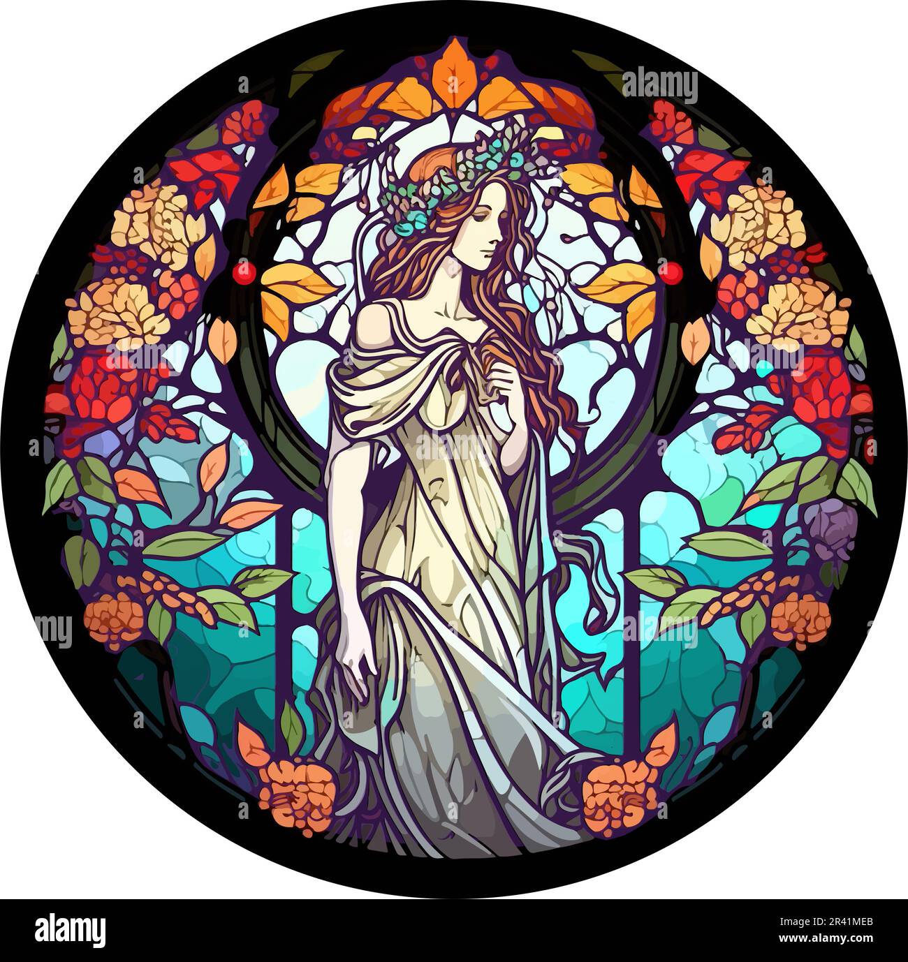 Vektor der griechischen Göttin Persephone mit Blumenmotiv und rundem Buntglasfenster Stock Vektor